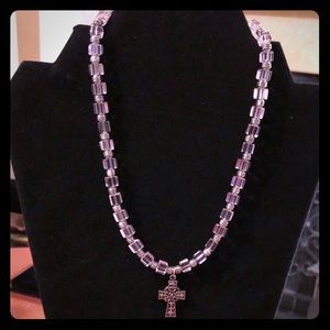 Pink necklace with cross pendant- handmade